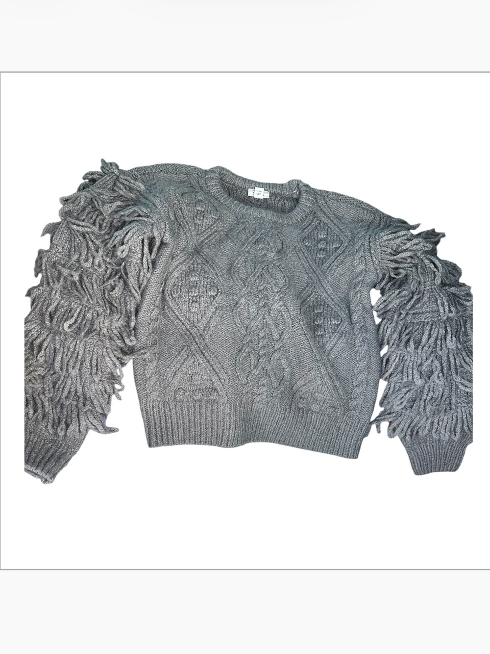 a.n.a Gray Fringe Cable Knit Crewneck Sweater
